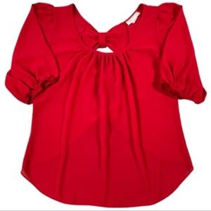 4/$32 A’gaci 📌size medium red silky 3/4 sleeve shirt bows down back, scoop neck